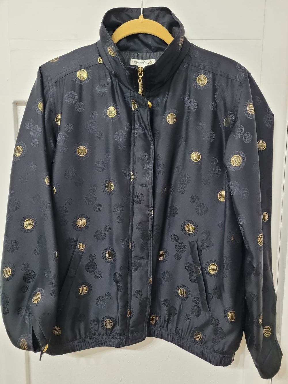 Black Silk Brocade Bomber Jacket Sz M